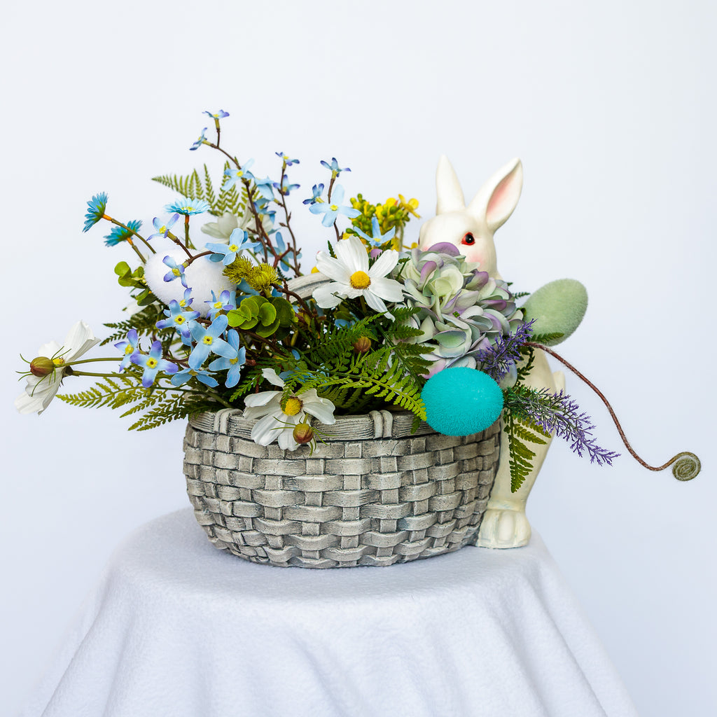White Rabbit with Gray Basket Resin Planter with Arrangement