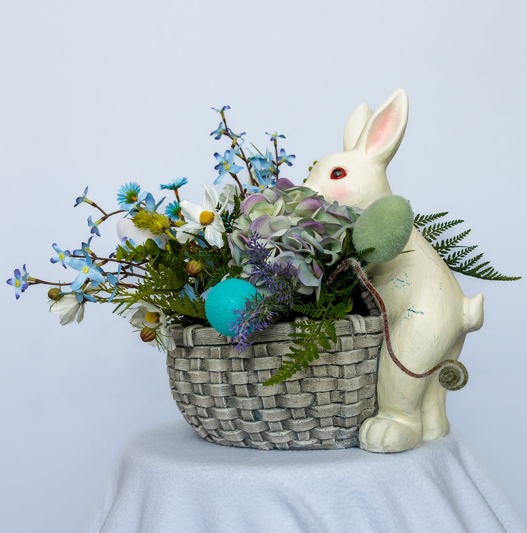 White Rabbit with Gray Basket Resin Planter with Arrangement