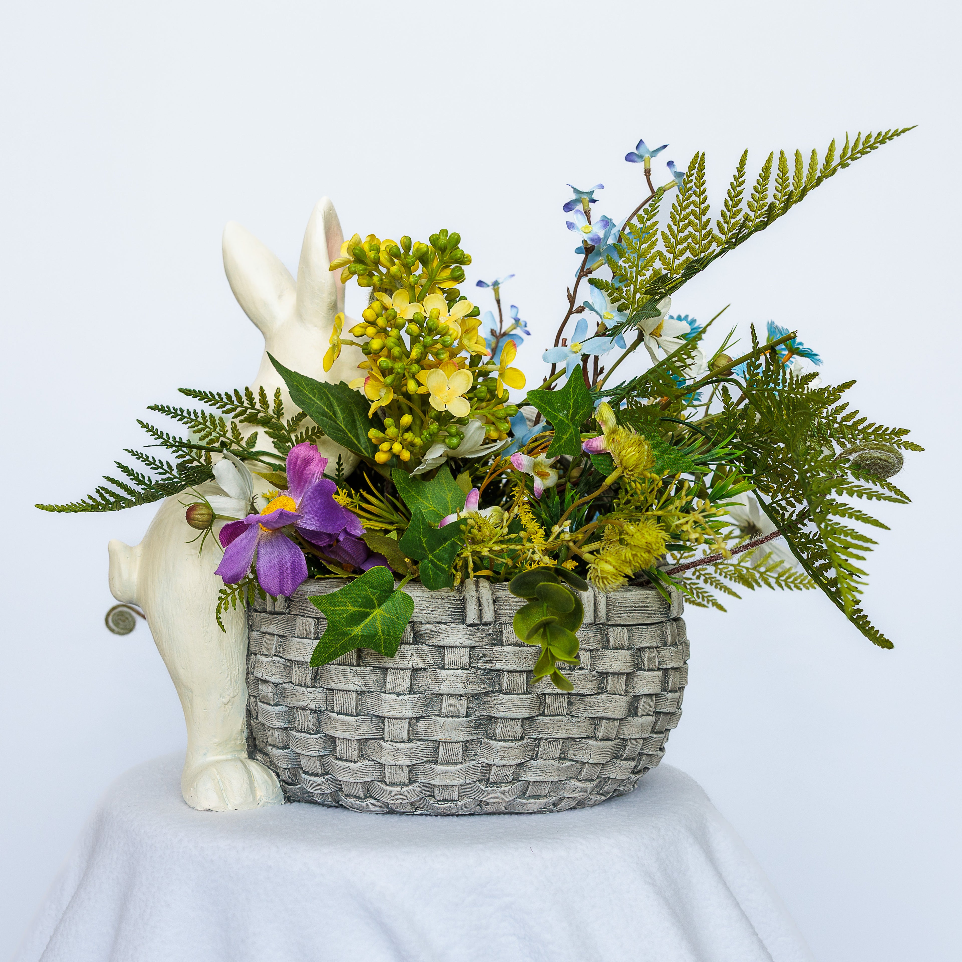 White Rabbit with Gray Basket Resin Planter with Arrangement