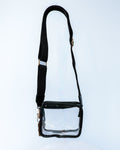 Black strap, clear vinyl purse for game day