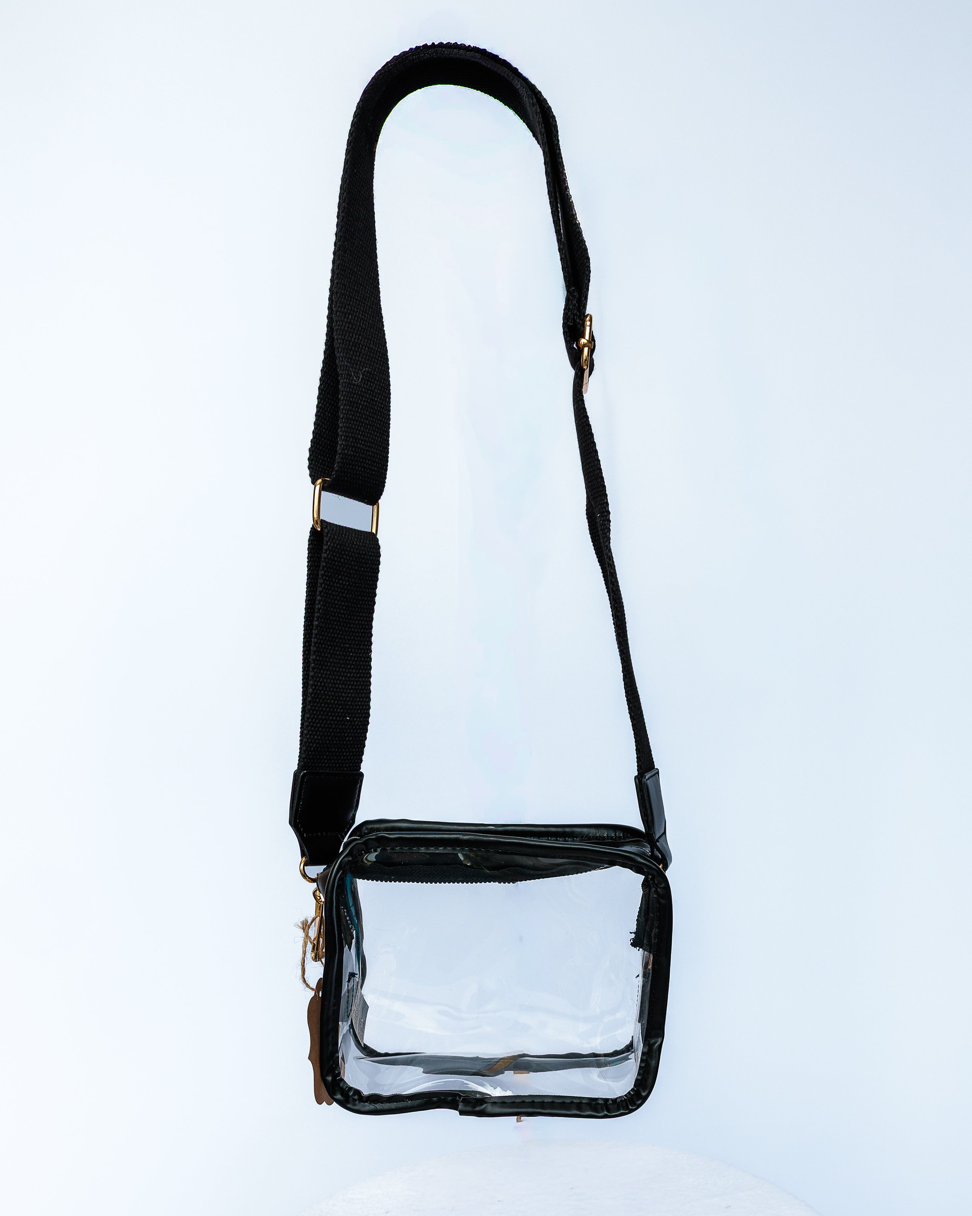 Black strap, clear vinyl purse for game day