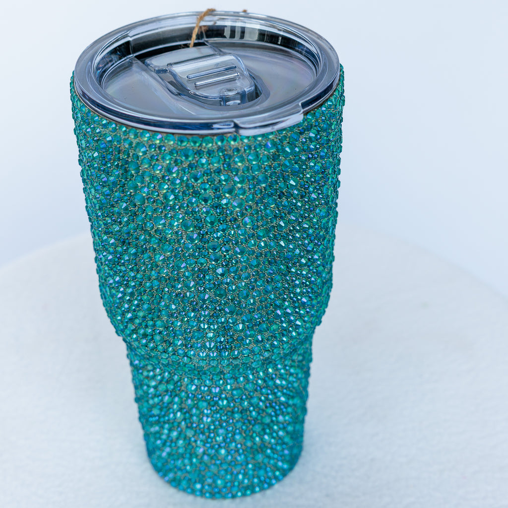 Bedazzled crystal thermal travel mugs (Two Pink, Two Aurorae, and Two Blue