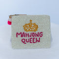 Beaded coin purse, white with pink, Mahjong Queen, linen back