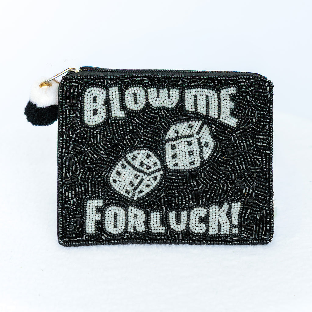 Beaded coin purse, white with pink, Blow me for luck, linen back