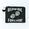 Beaded coin purse, white with pink, Blow me for luck, linen back