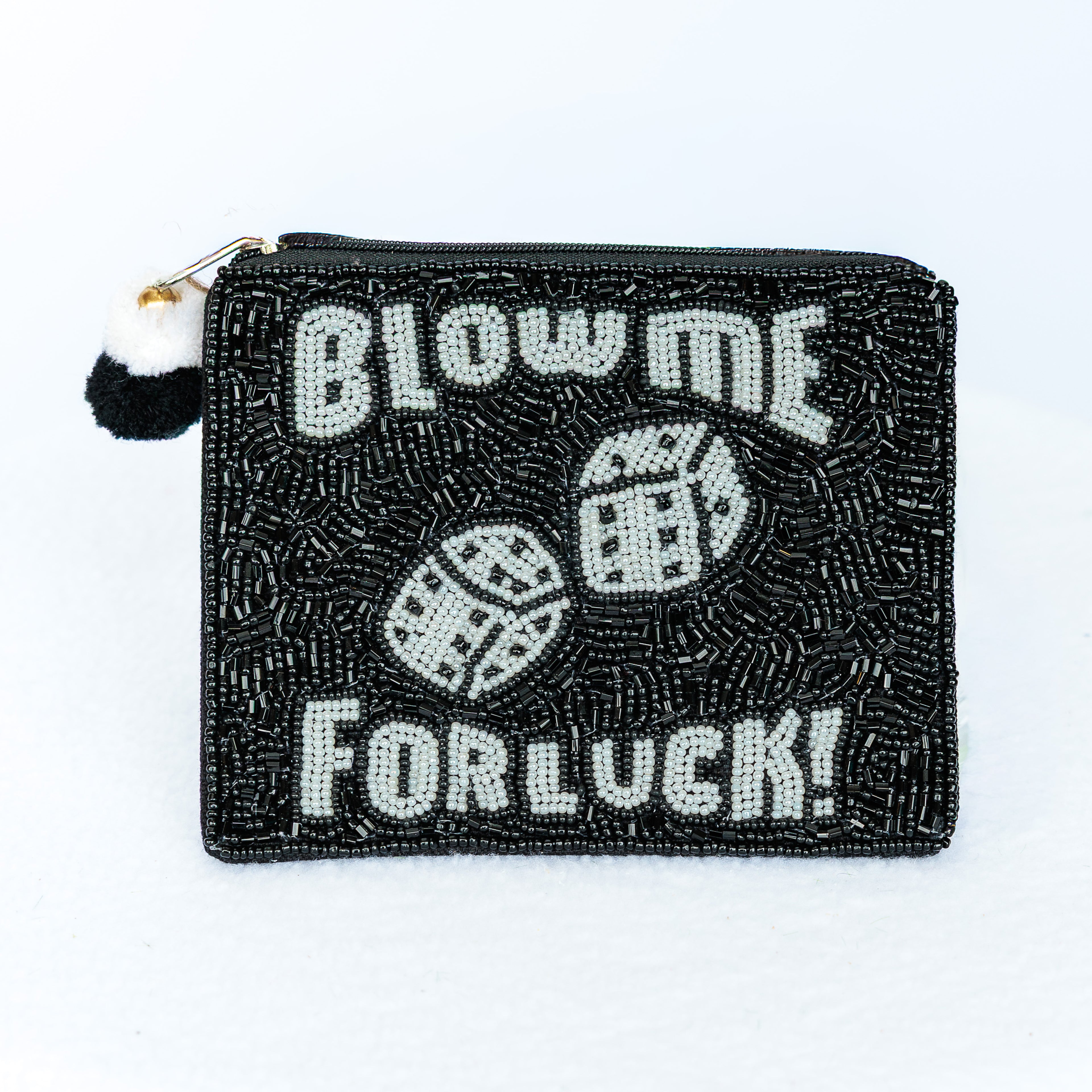 Beaded coin purse, white with pink, Blow me for luck, linen back