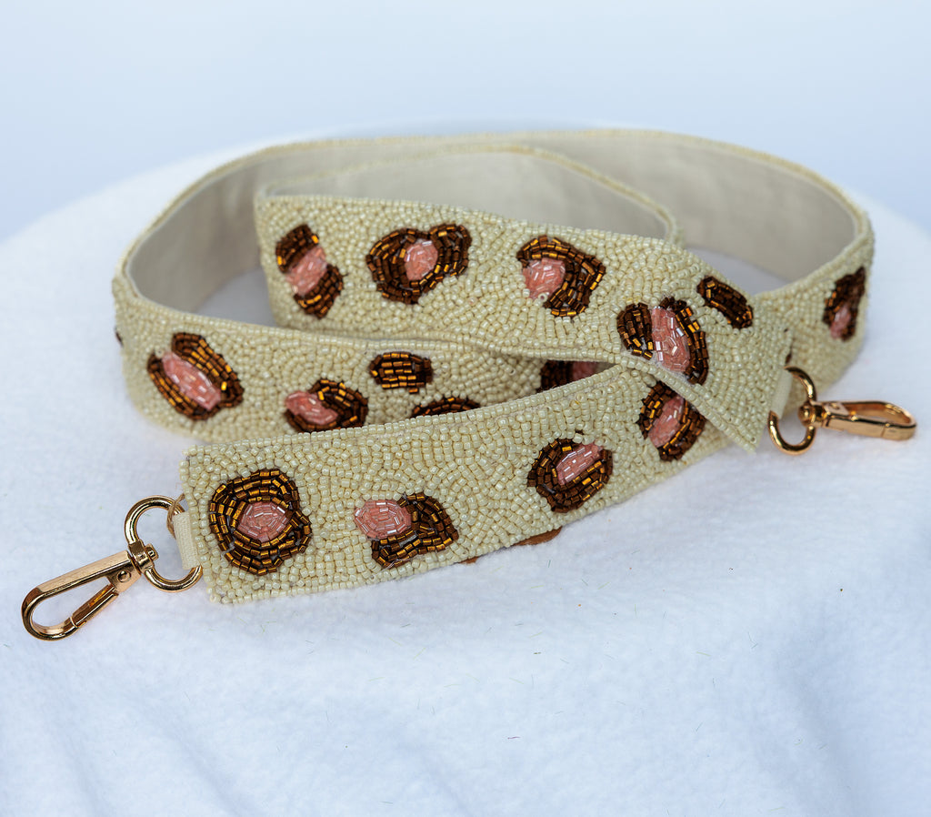 Beaded leopard print purse strap, beige with bronze and pink, gold hardware