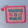 Beaded coin purse, Mahjong is Mahlife, linen back