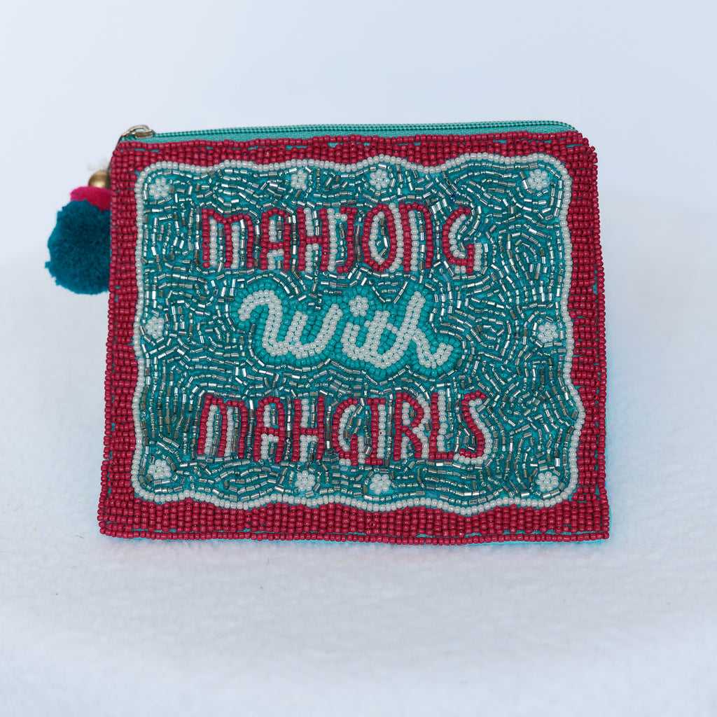 Beaded coin purse, turquoise and pink, Mahjong with Mahgirls, linen back