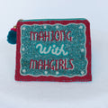Beaded coin purse, turquoise and pink, Mahjong with Mahgirls, linen back