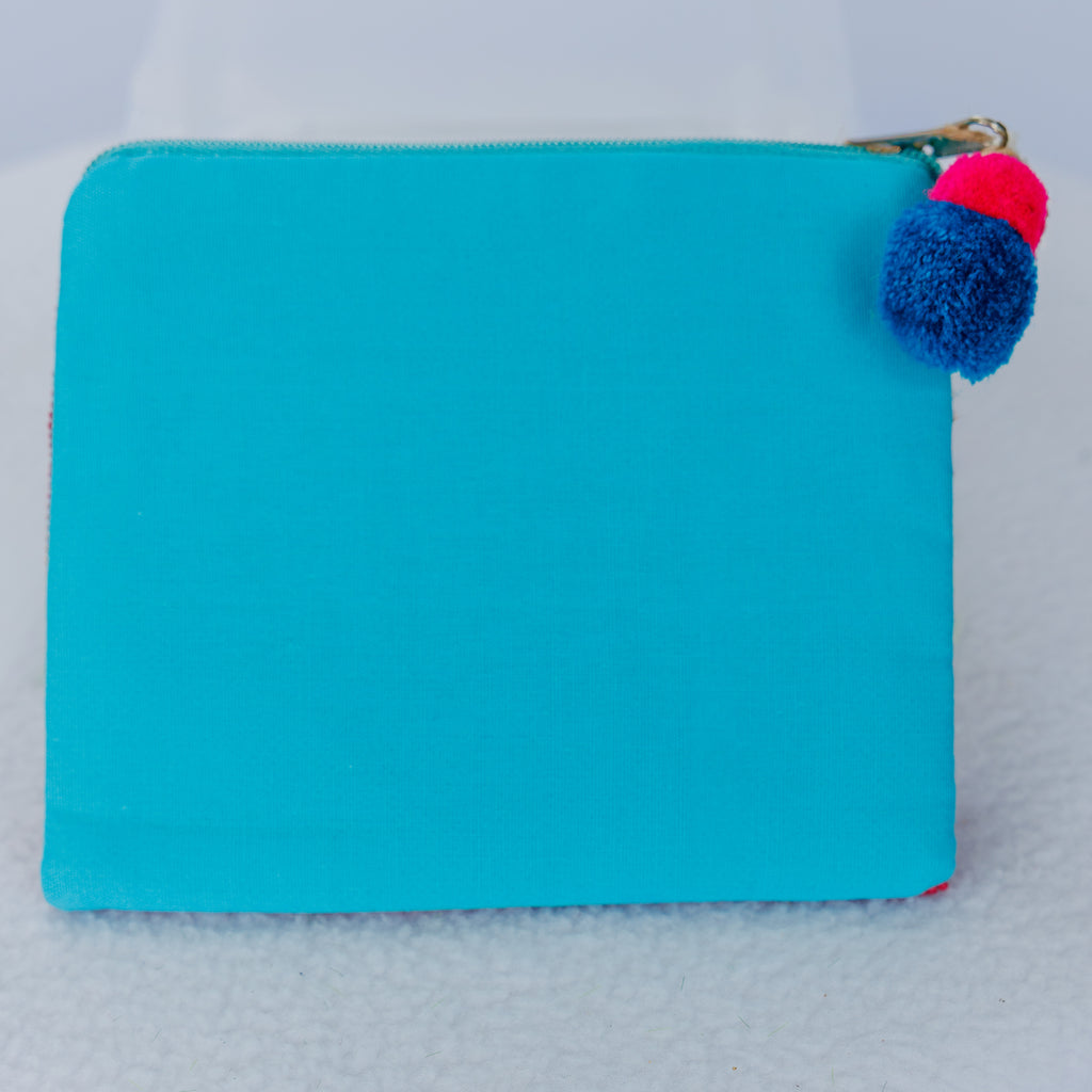 Beaded coin purse, turquoise and pink, Mahjong with Mahgirls, linen back