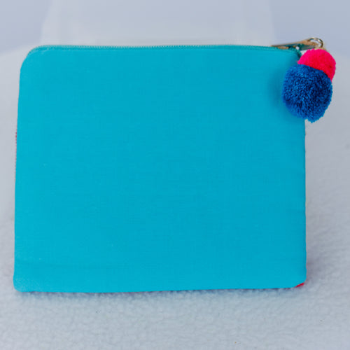 Beaded coin purse, turquoise and pink, Mahjong with Mahgirls, linen back