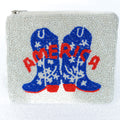 Beaded coin purse, Blue cowgirl boots, red America, linen back