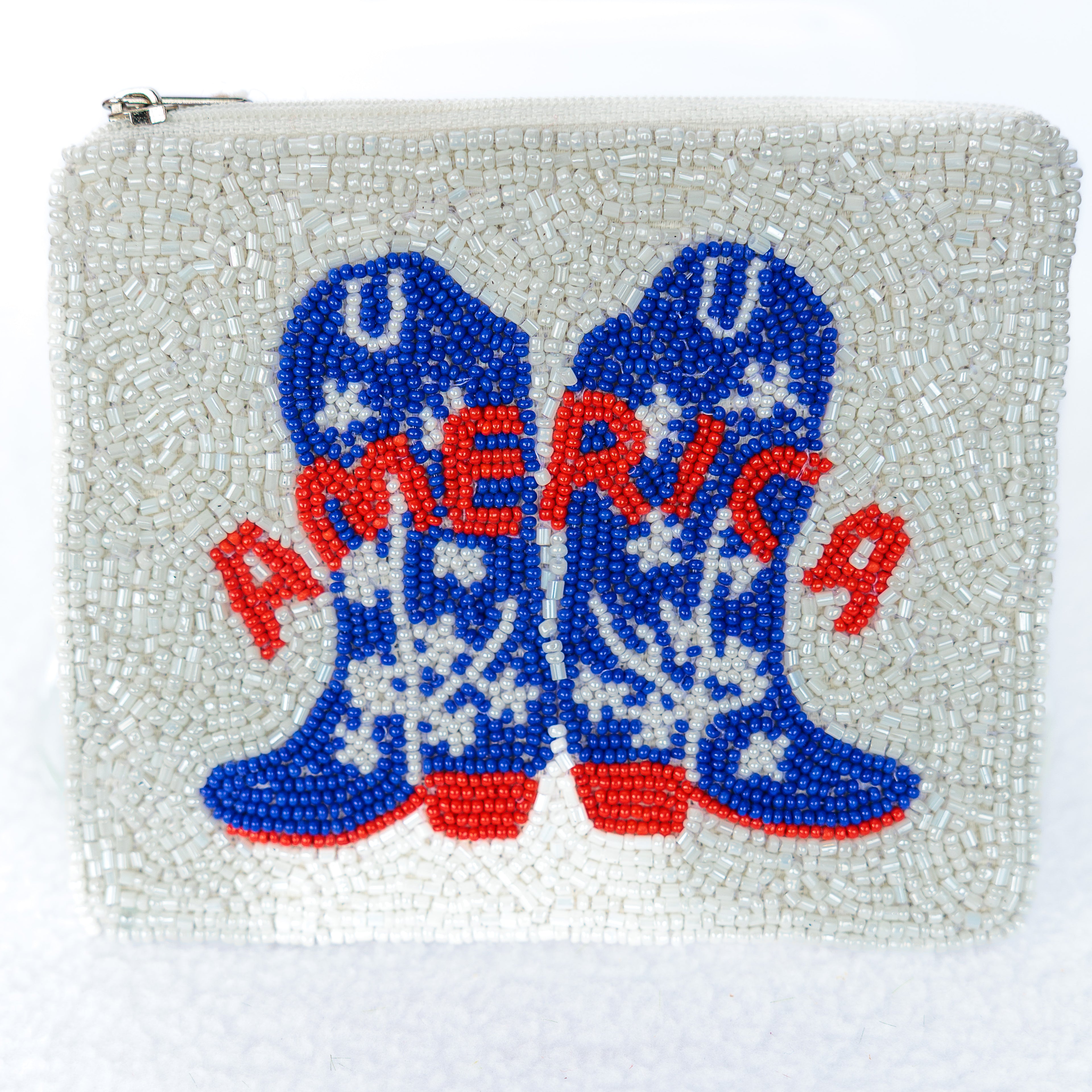 Beaded coin purse, Blue cowgirl boots, red America, linen back