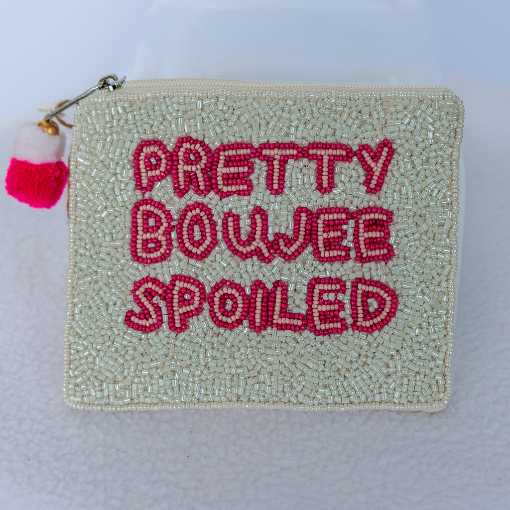Beaded coin purse, pretty boujee, white with pink, linen back