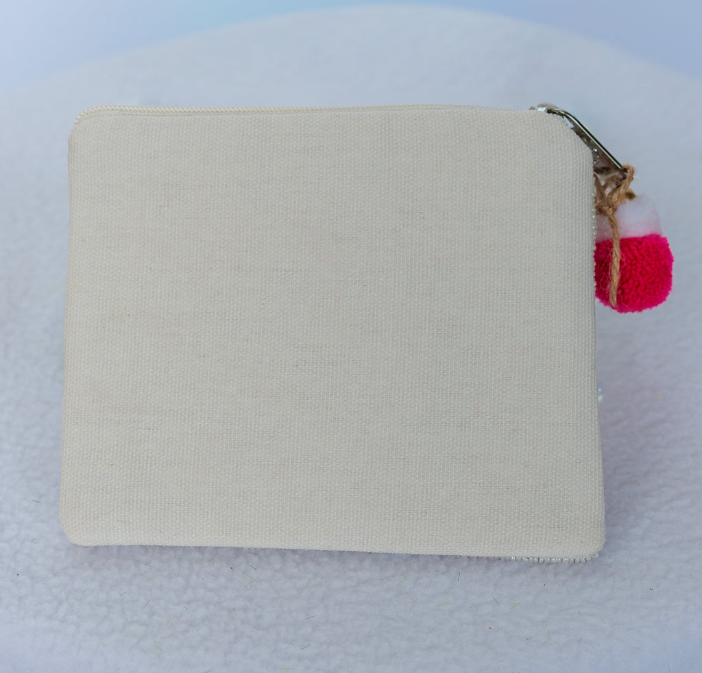 Beaded coin purse, pretty boujee, white with pink, linen back
