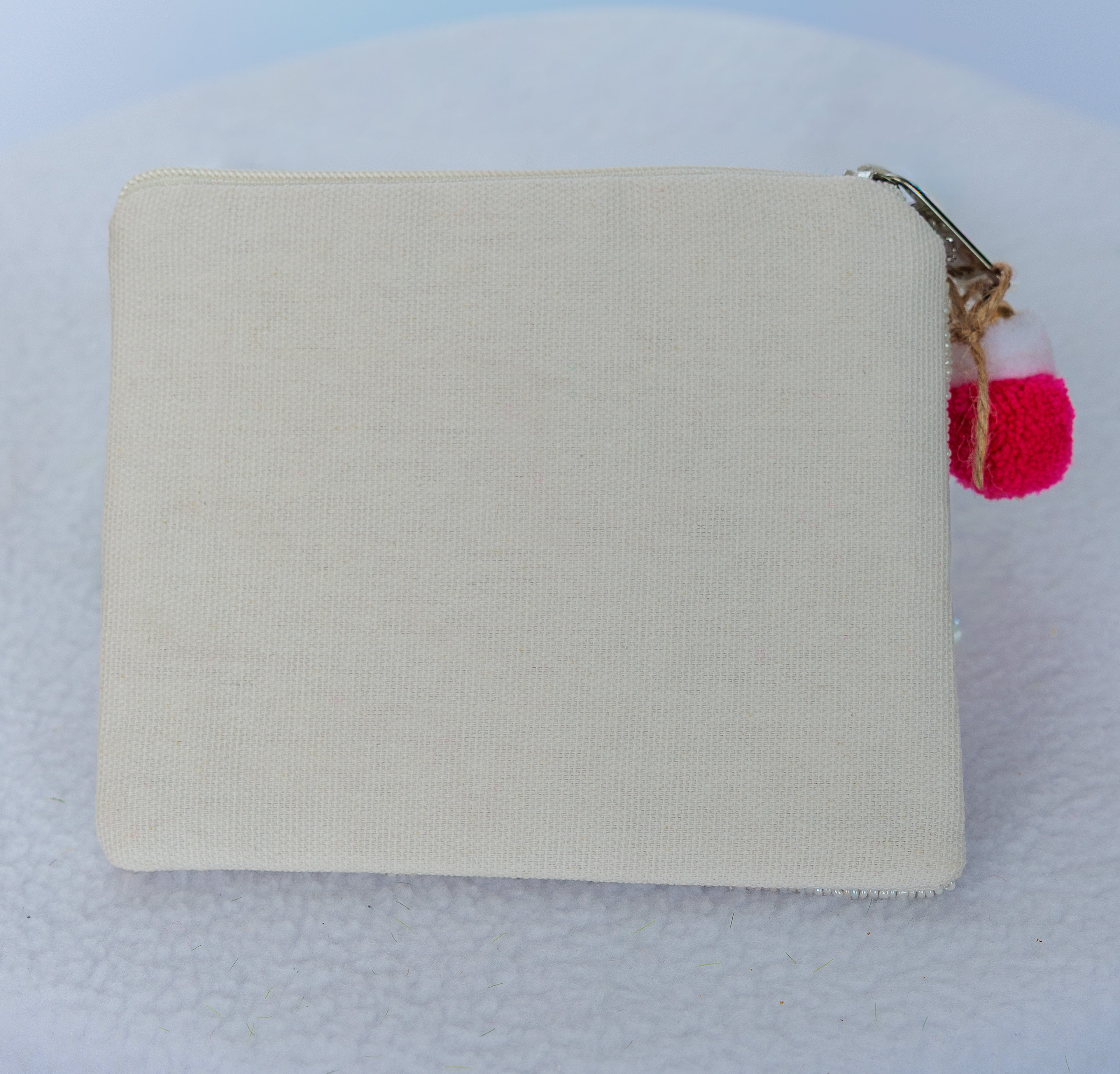 Beaded coin purse, pretty boujee, white with pink, linen back