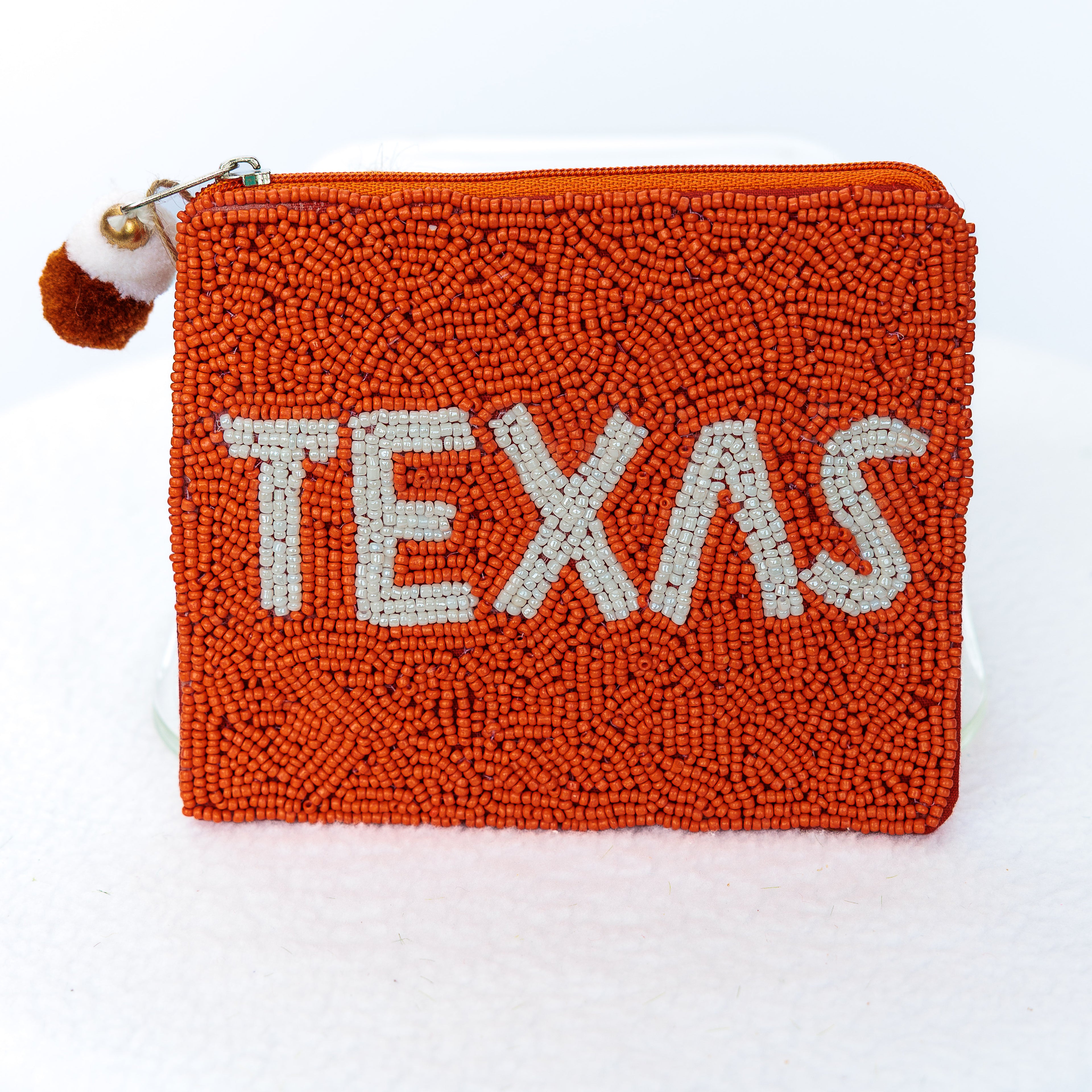 Beaded coin purse, U of T, Texas Longhorns, linen back