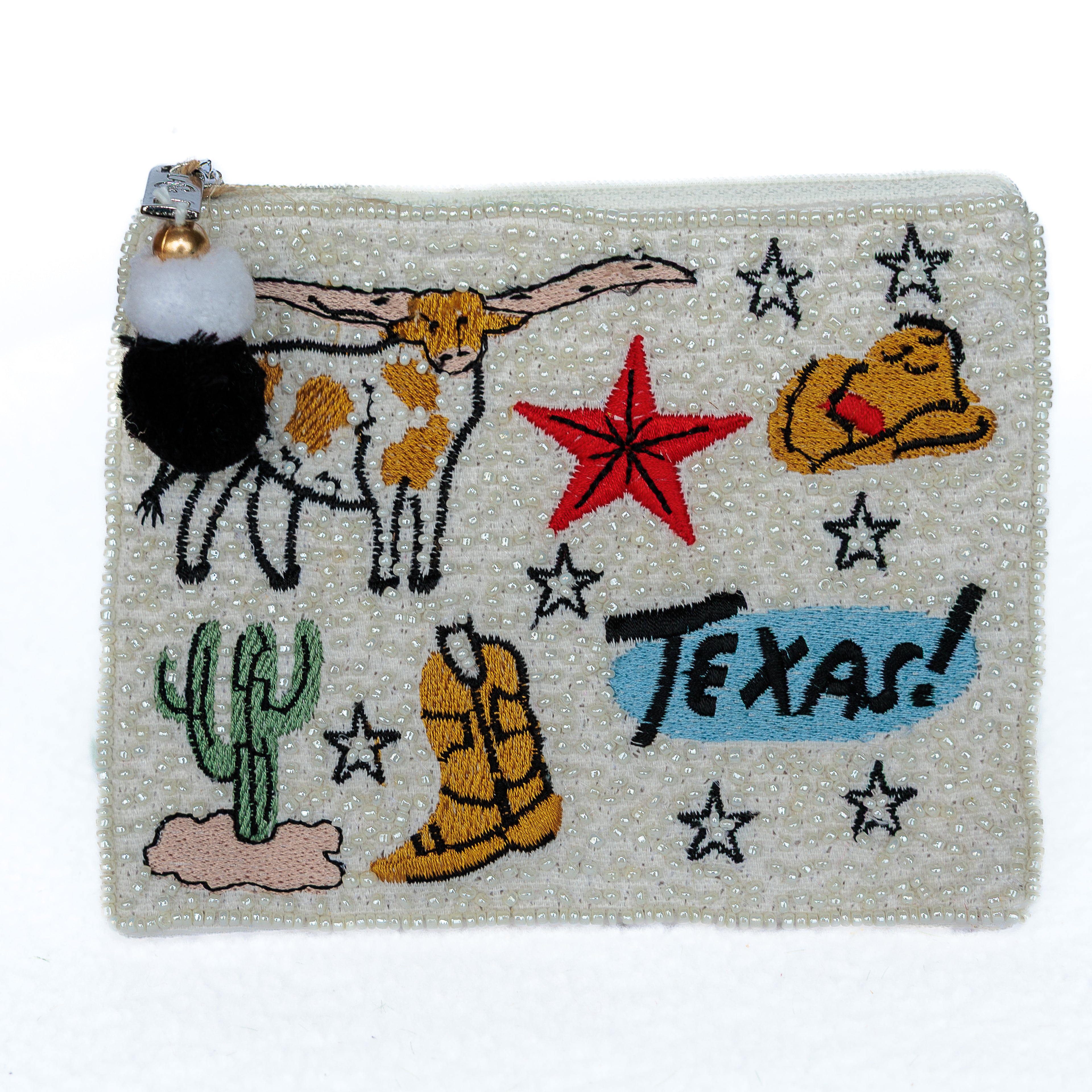 Beaded coin purse, Multicolored Texas, linen back