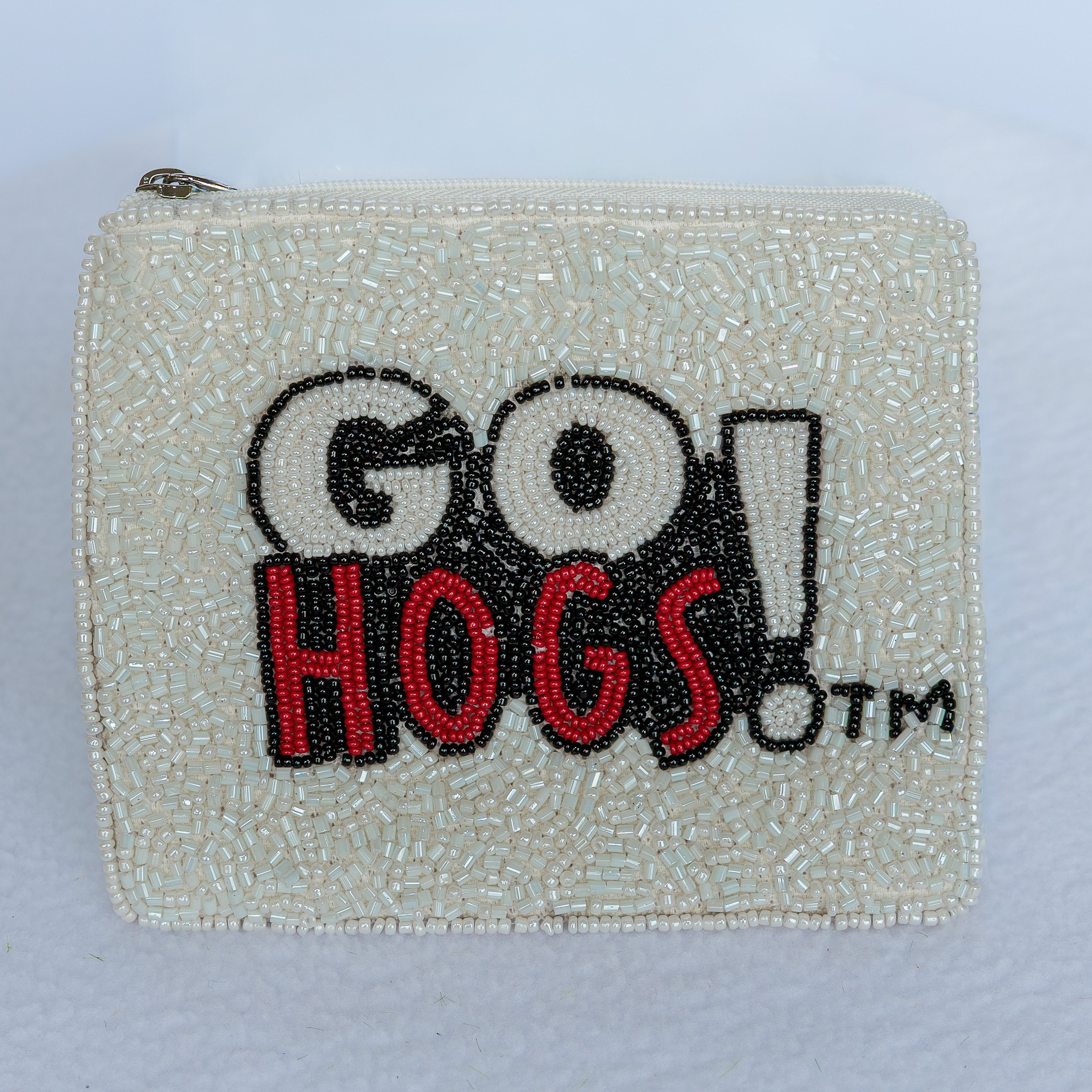 Beaded coin purse, University of Arkansas, Go Hogs, linen back