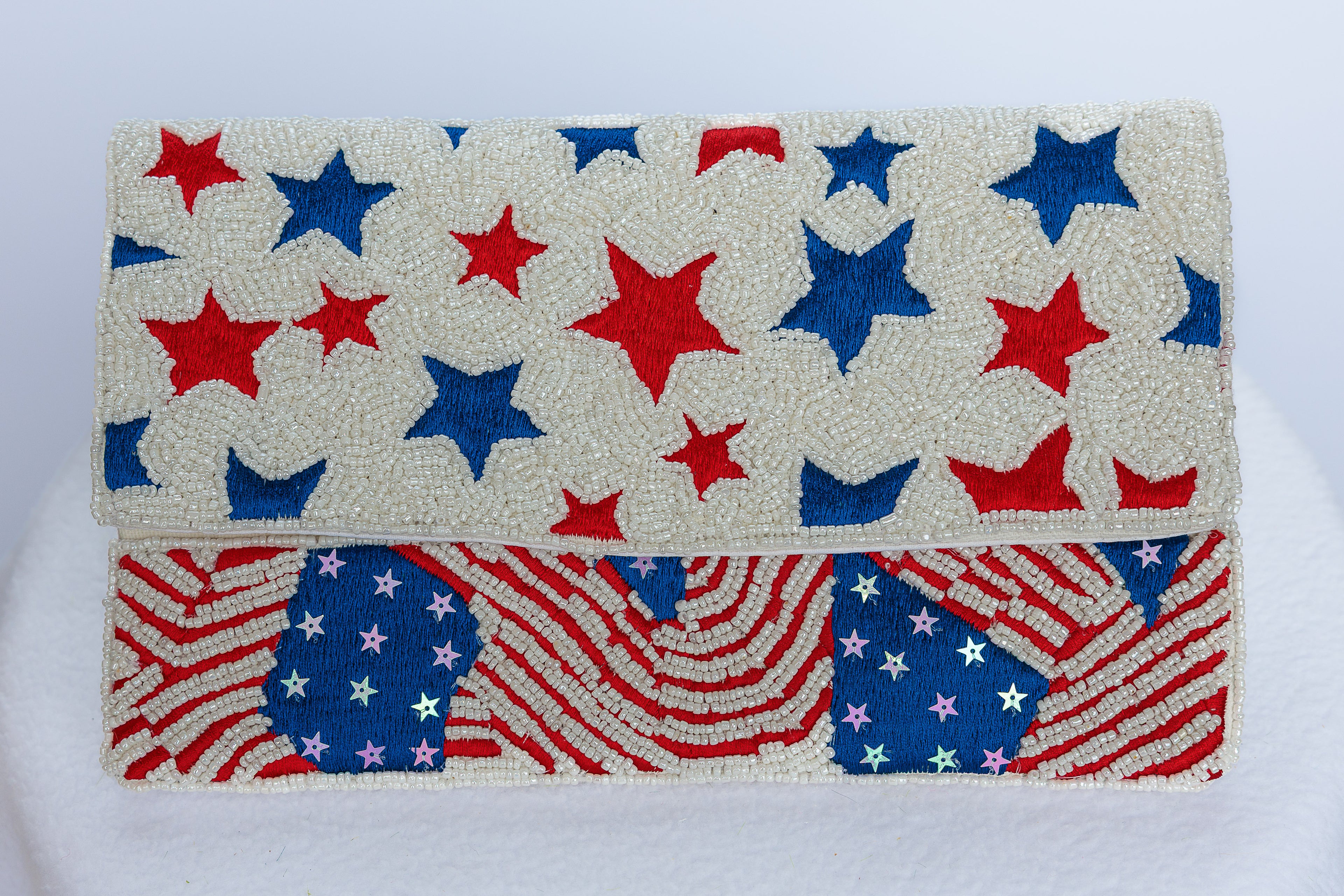 Beaded Red, White, and Blue Stars and Strips evening bag