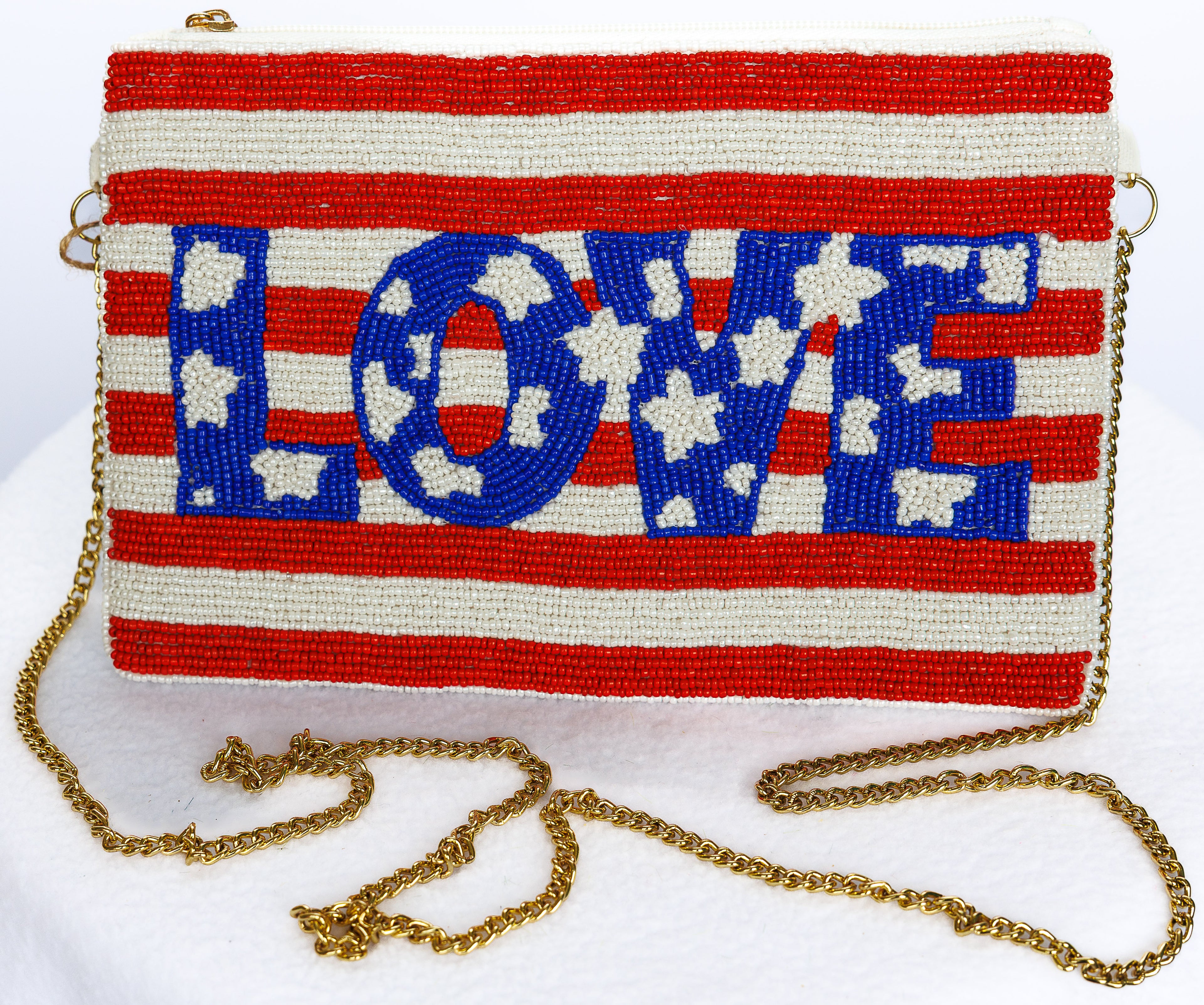 Beaded Red, White, and Blue Love evening bag