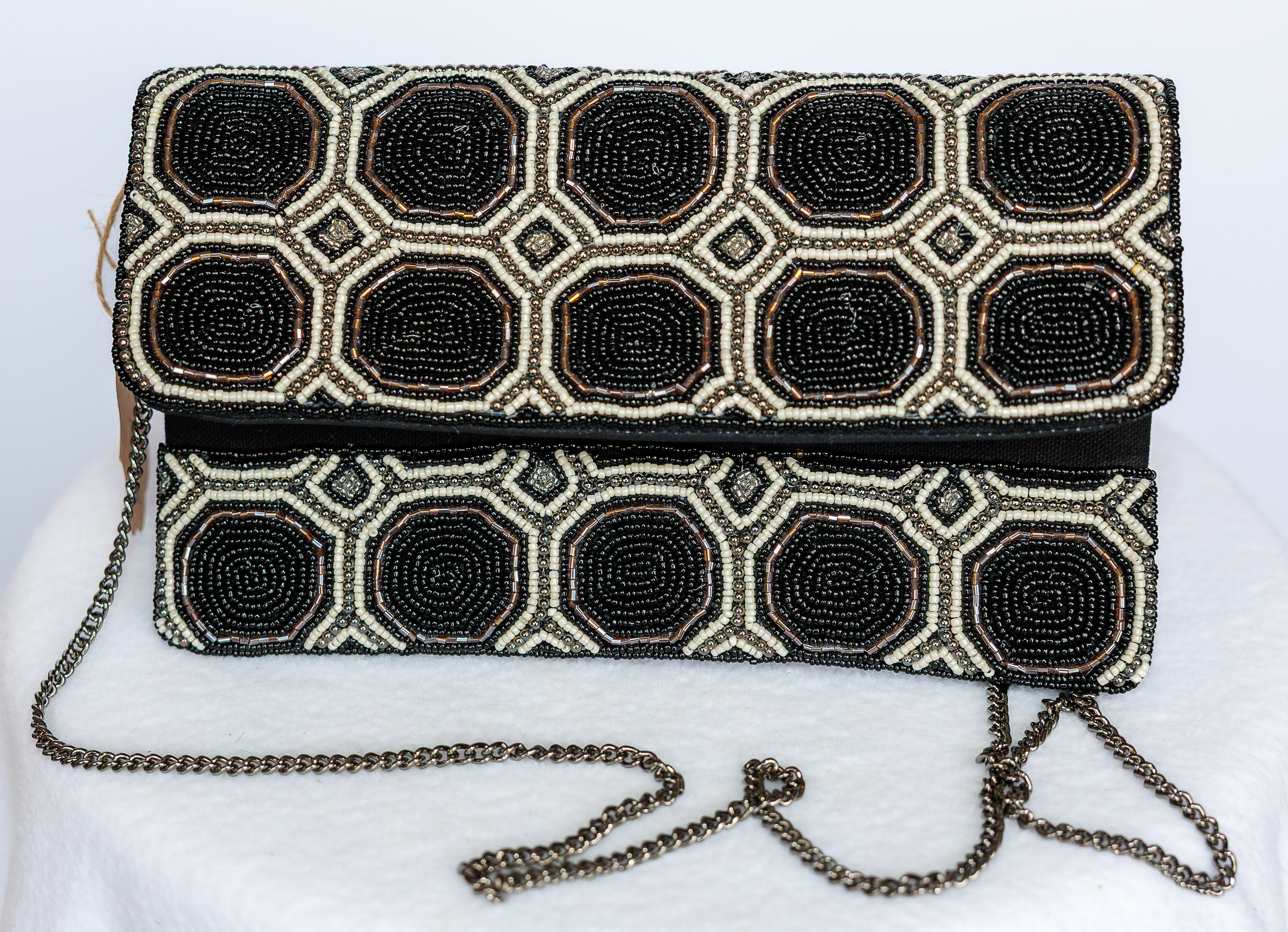 Beaded Black, Beige, and Gunmetal evening bag