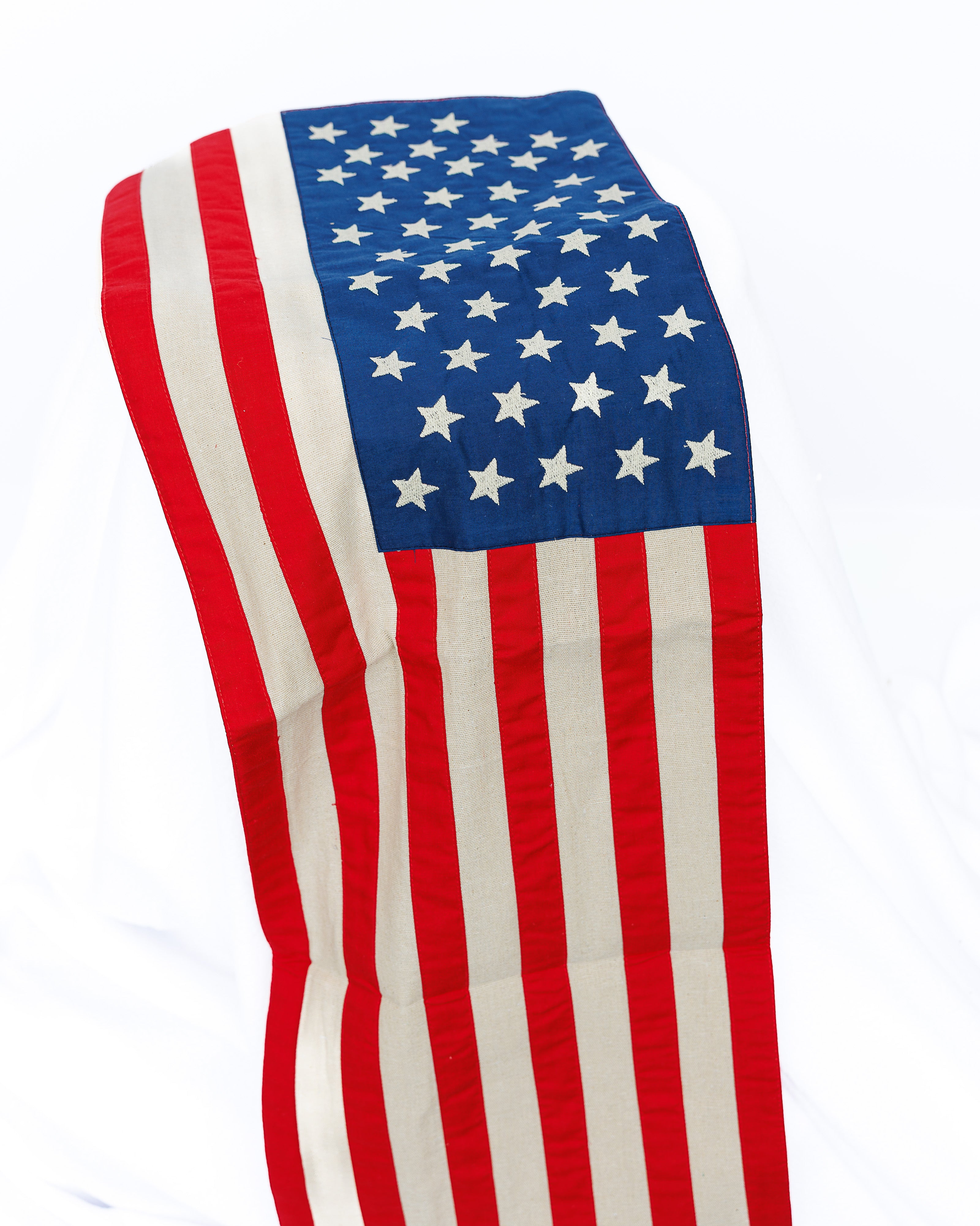 Linen American flag table runner, embroidered stars, Red, White, and Blue