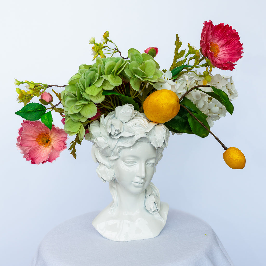 White Lacquered Resin Female Bust Vase with Flower Arrangement