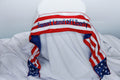 Dupioni silk, embroidered stars and bright white flag, sweet land of Liberty