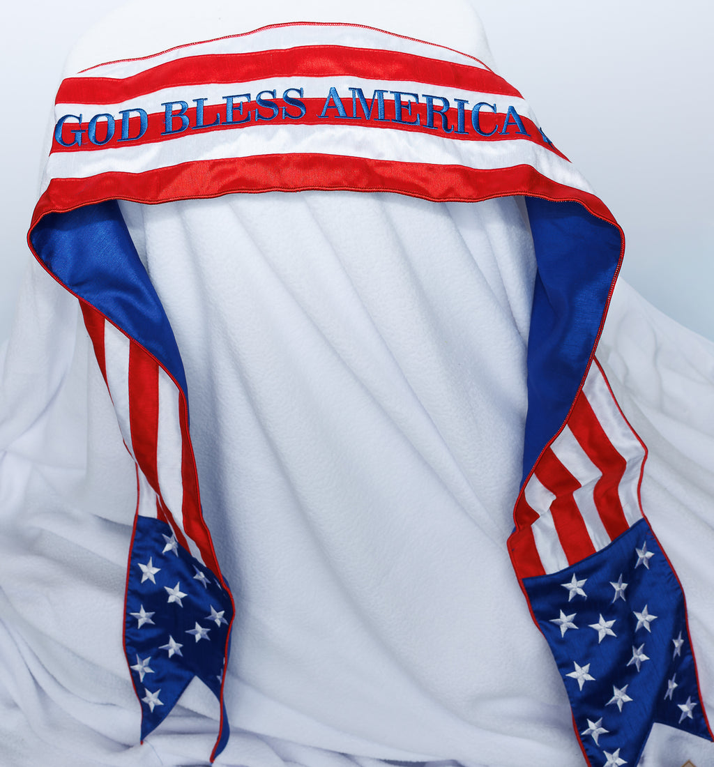 Dupioni silk, embroidered stars and bright white flag, Banner, God Bless America