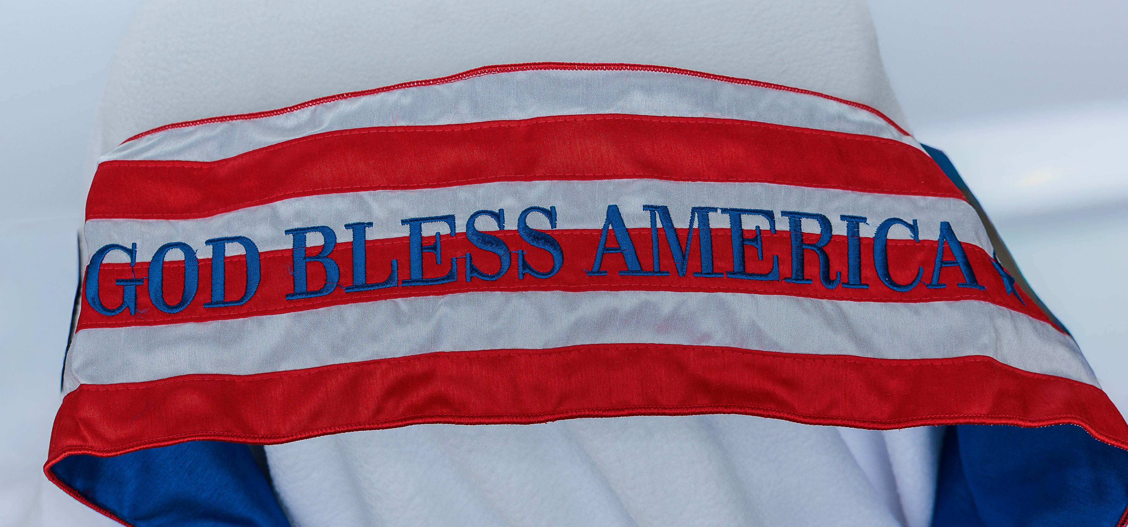Dupioni silk, embroidered stars and bright white flag, Banner, God Bless America