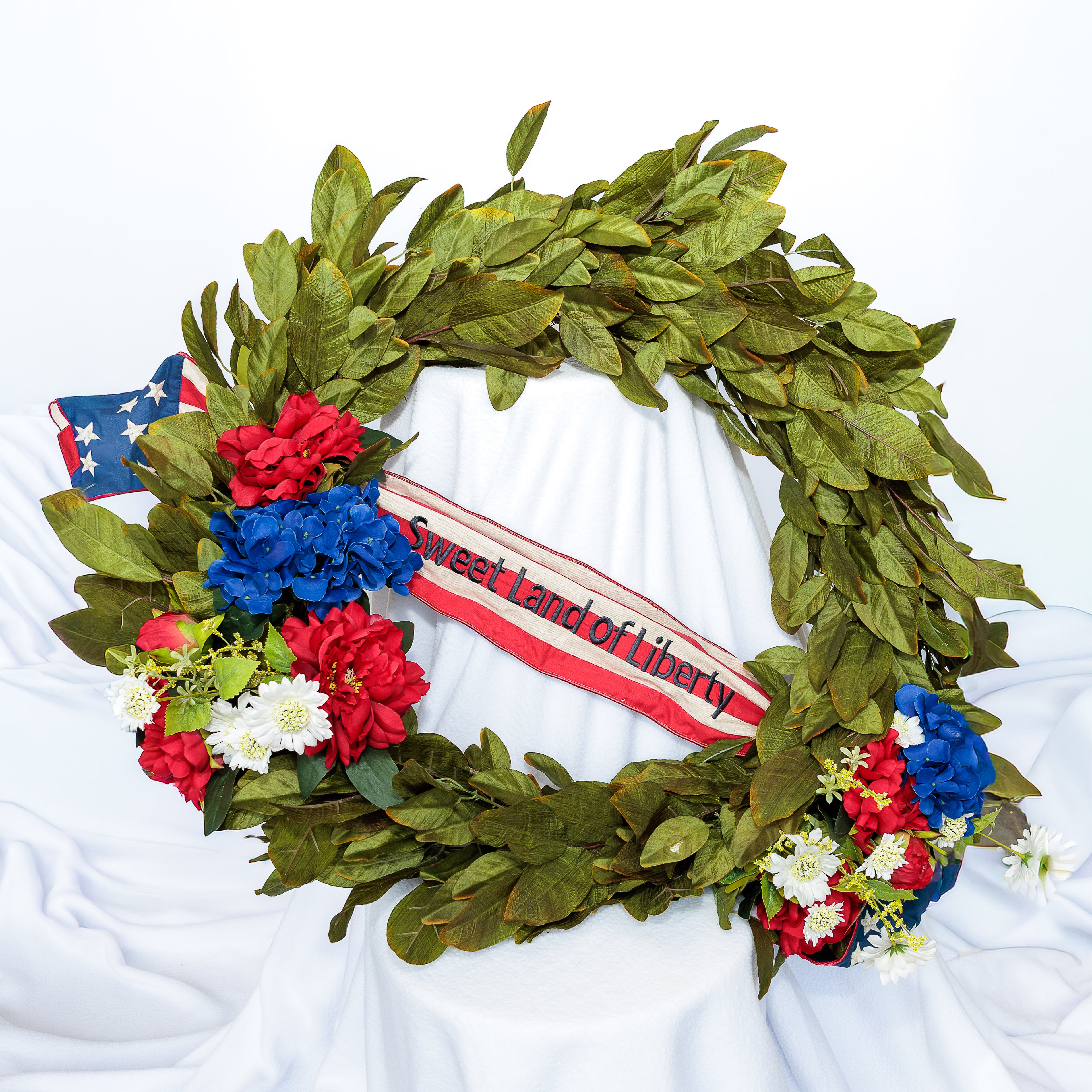 Bay leaf wreath, Red, White, and Blue Sweet Land of Liberty banner