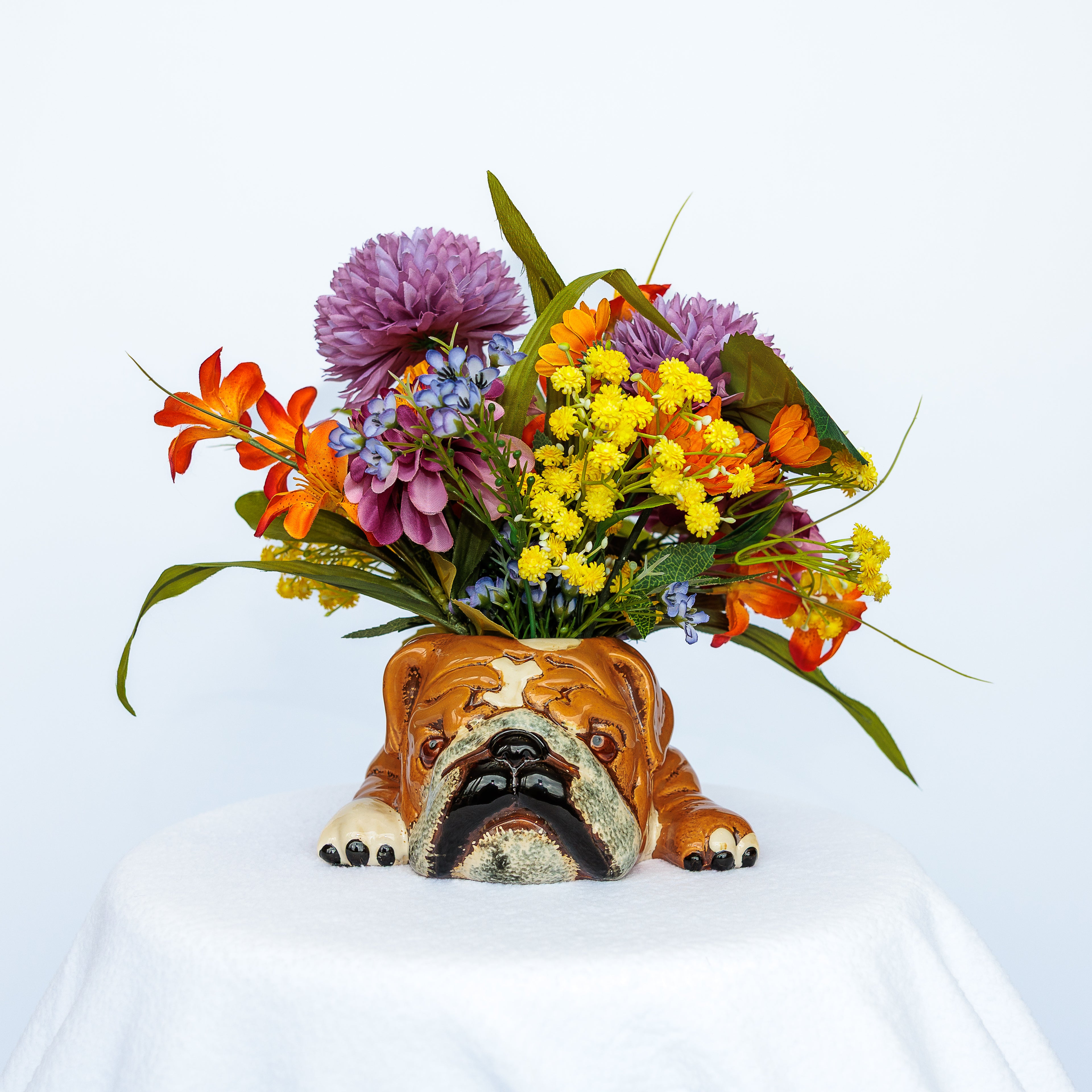 English Bulldog Ceramic Planter with Arrangement