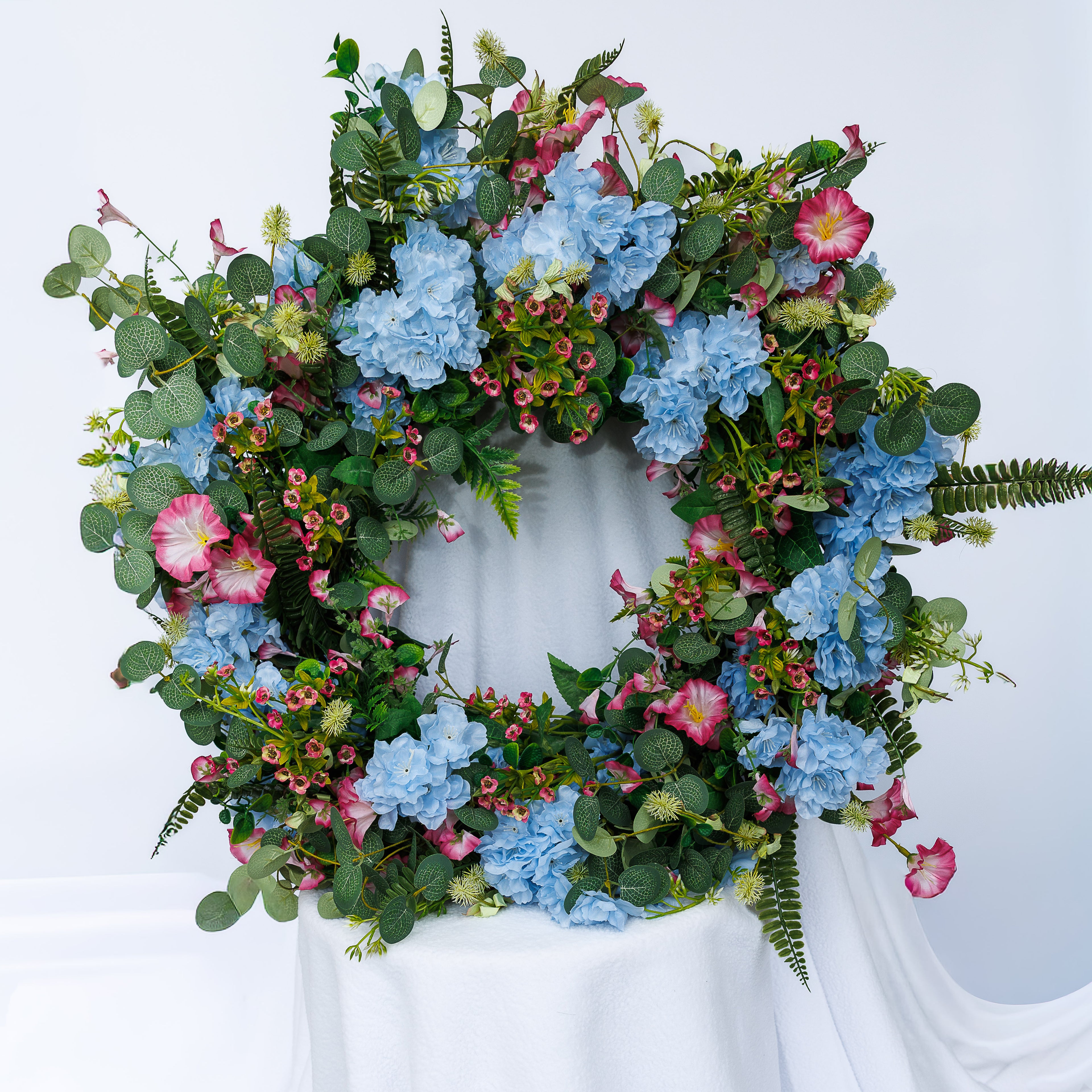 Blue and pink eucalyptus wreath