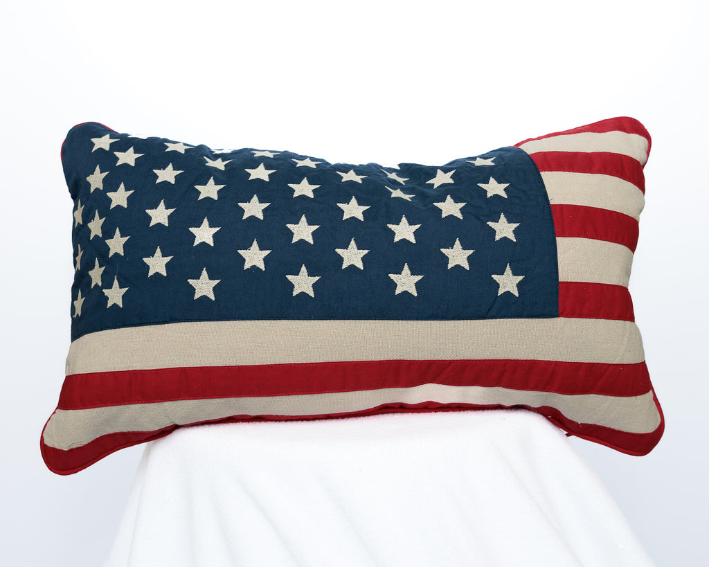 Red, White (Linen), and blue, embroidered stars, red piping, down filling lumbar pillow