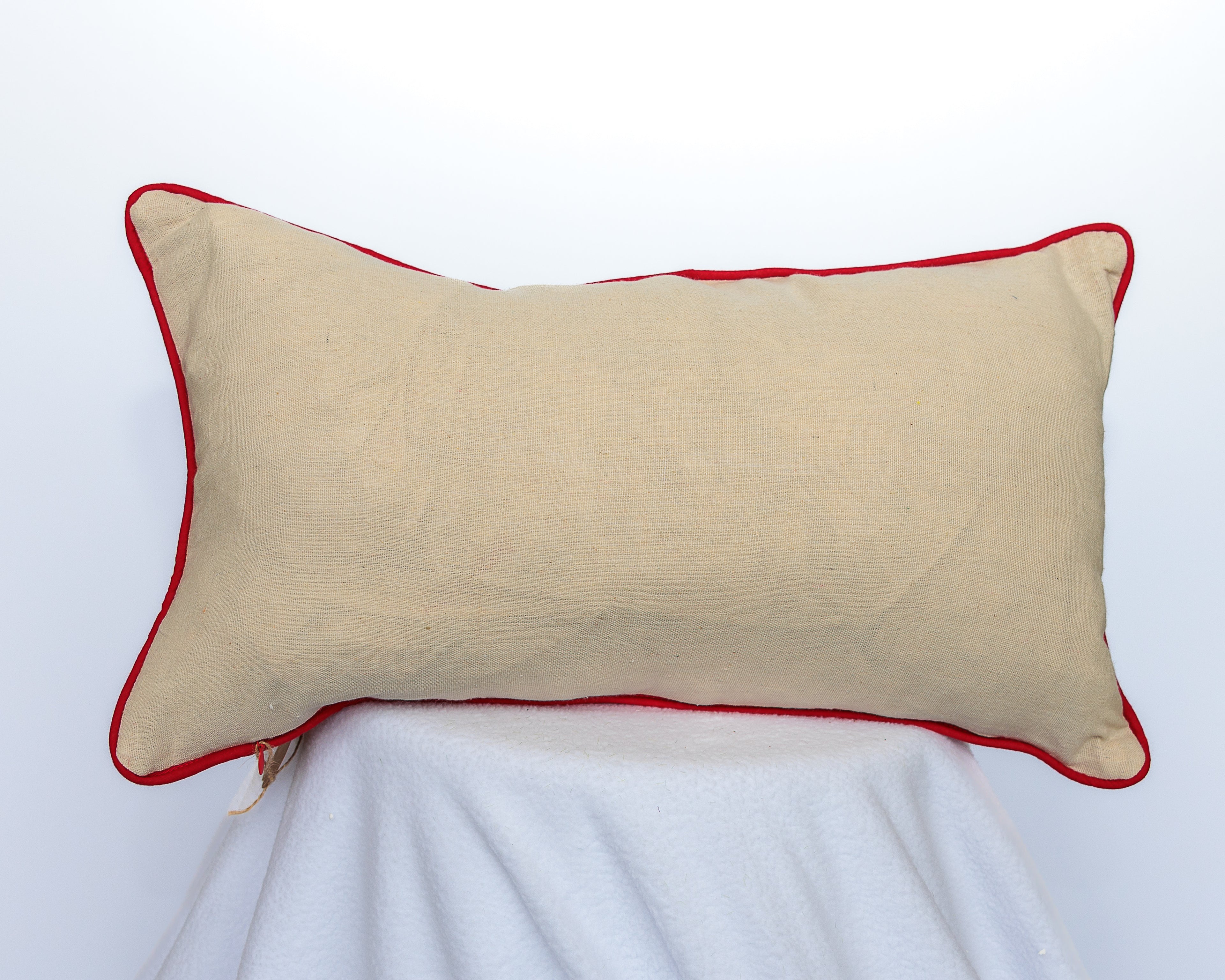 Red, White (Linen), and blue, embroidered stars, red piping, down filling lumbar pillow
