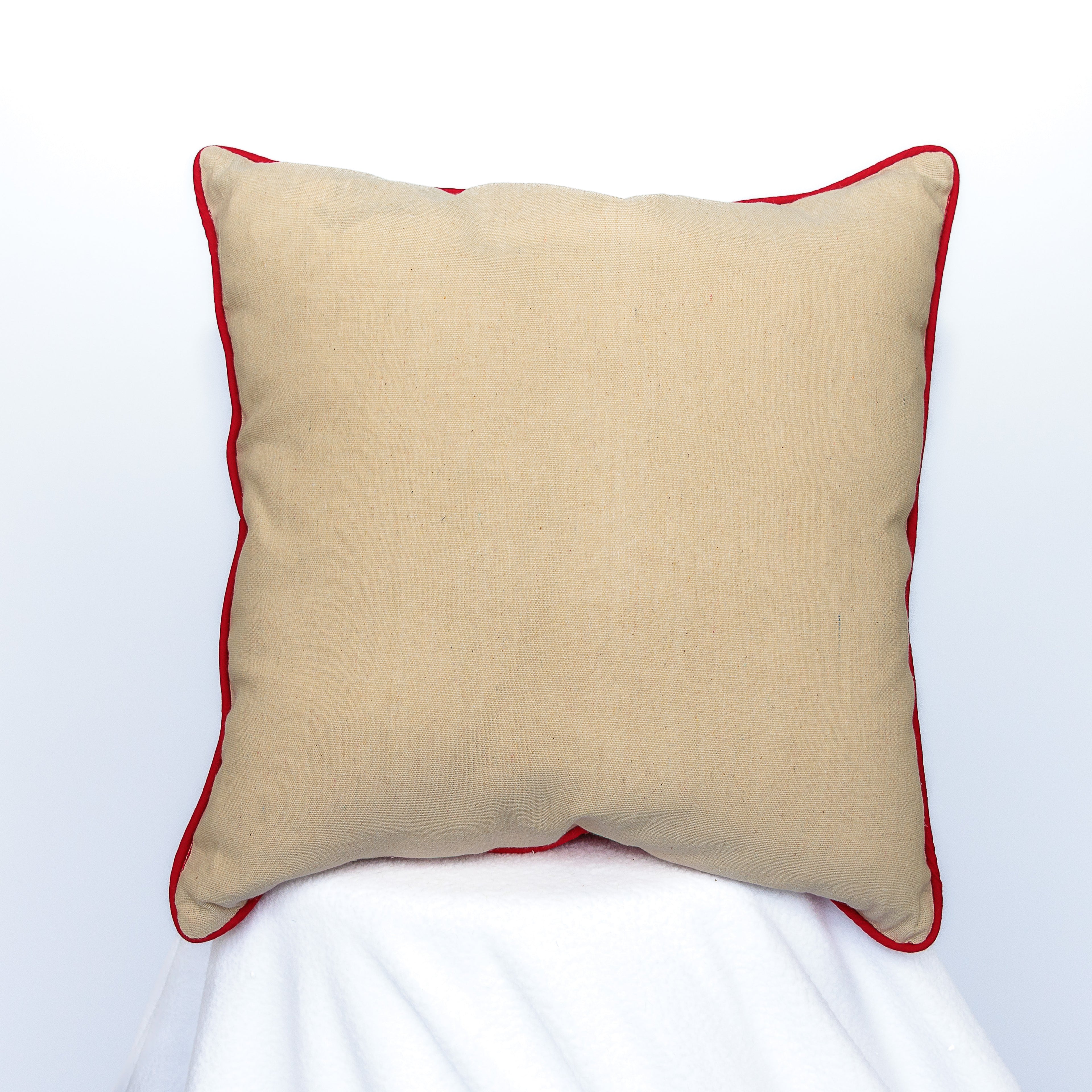 Red, White (Linen), and blue embroidered stars, red piping, down filling, square pillow