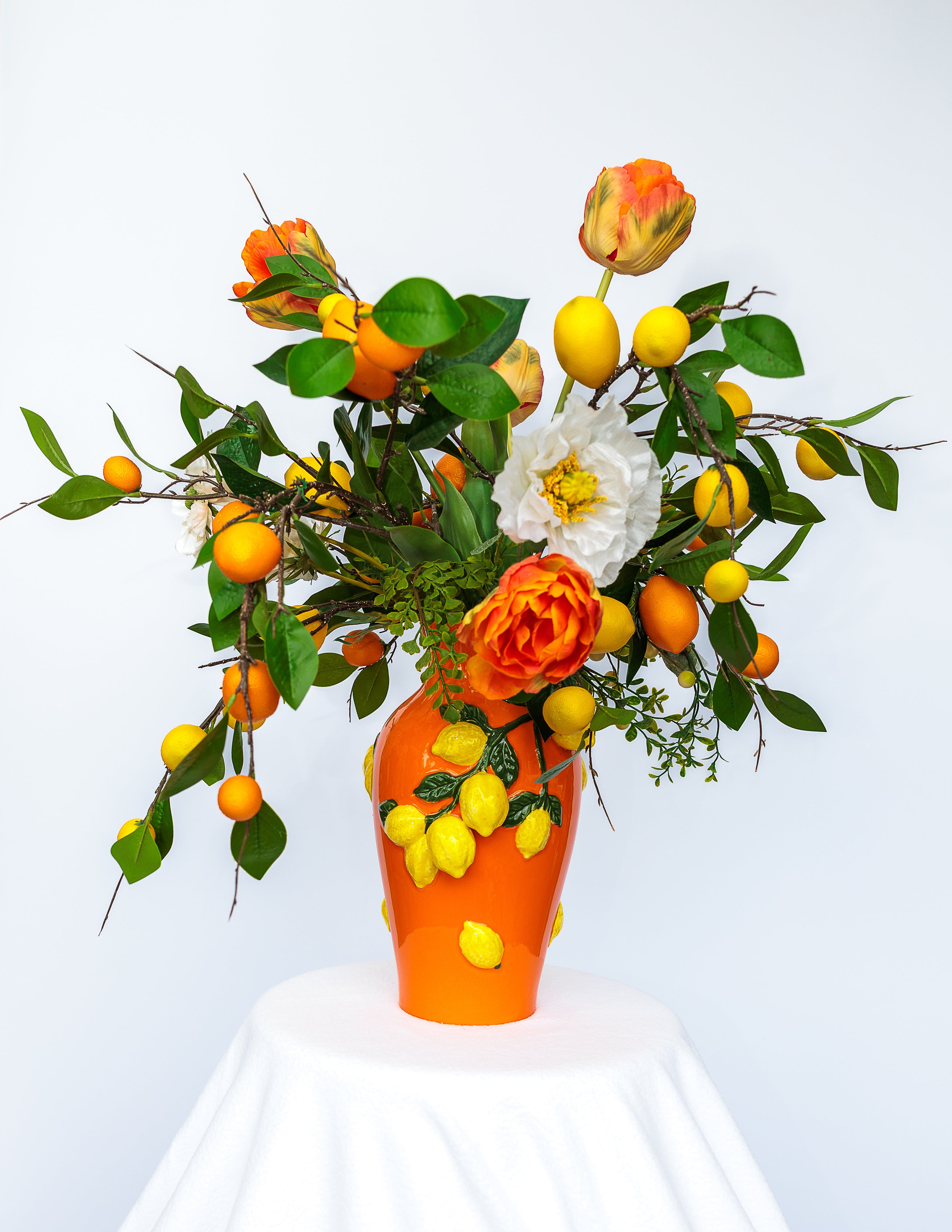 Tall Orange Ceramic Vase with Lemons