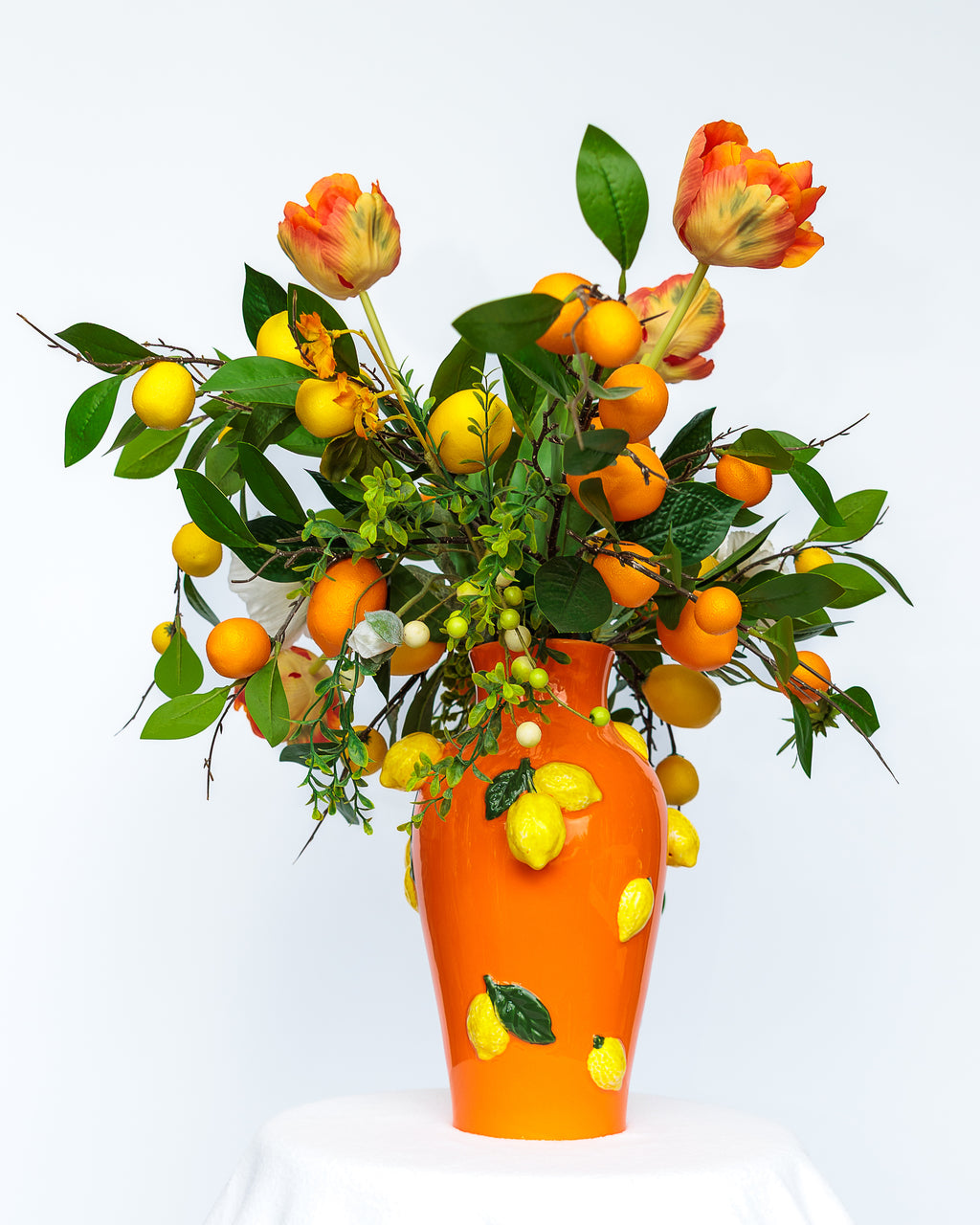 Tall Orange Ceramic Vase with Lemons