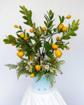 Wedgewood blue wooden planter with lemon tree and florals