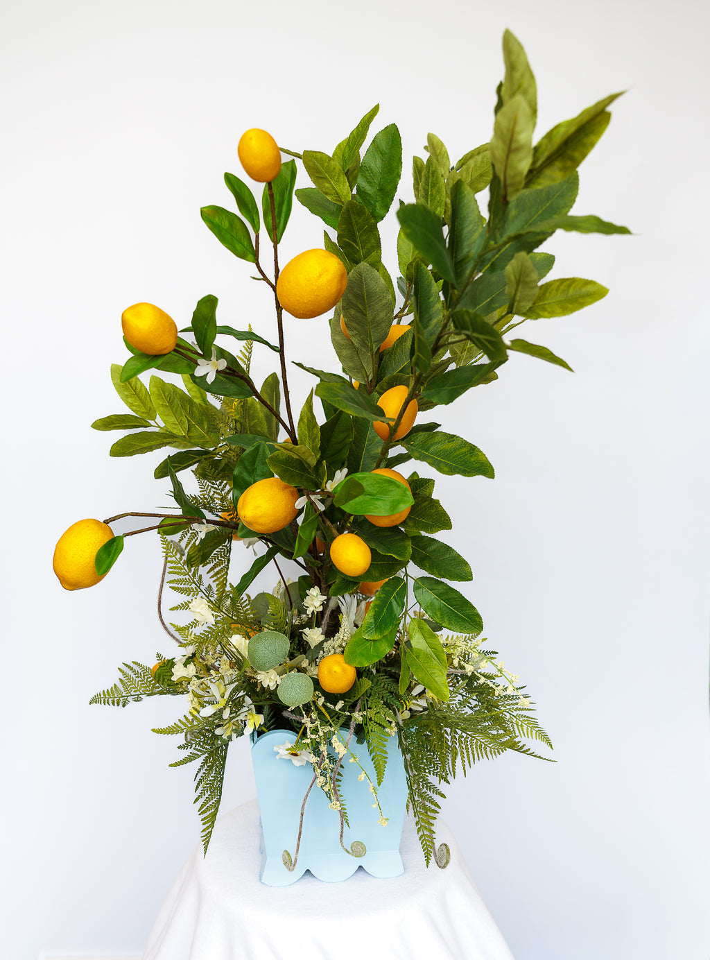 Wedgewood blue wooden planter with lemon tree and florals