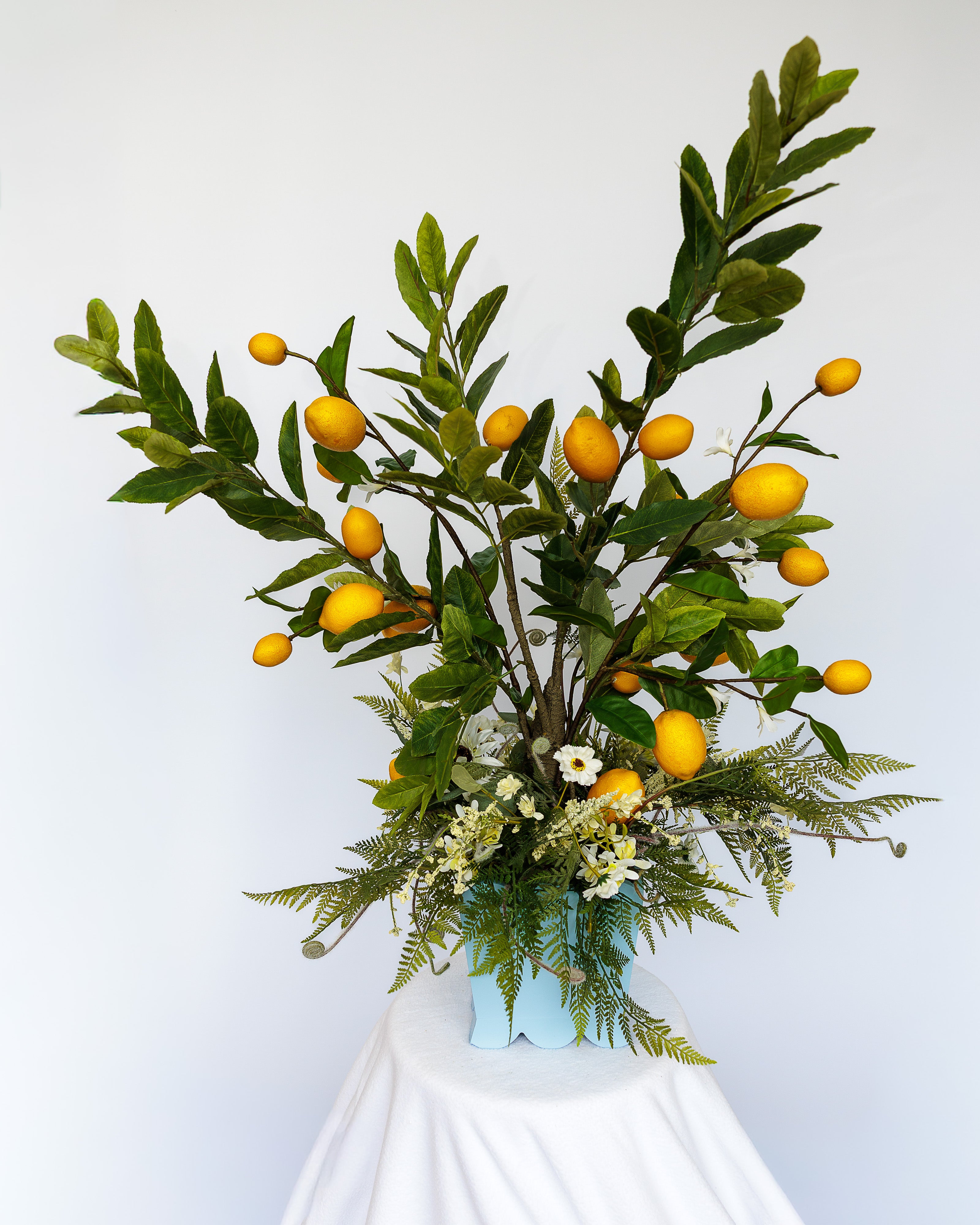 Wedgewood blue wooden planter with lemon tree and florals