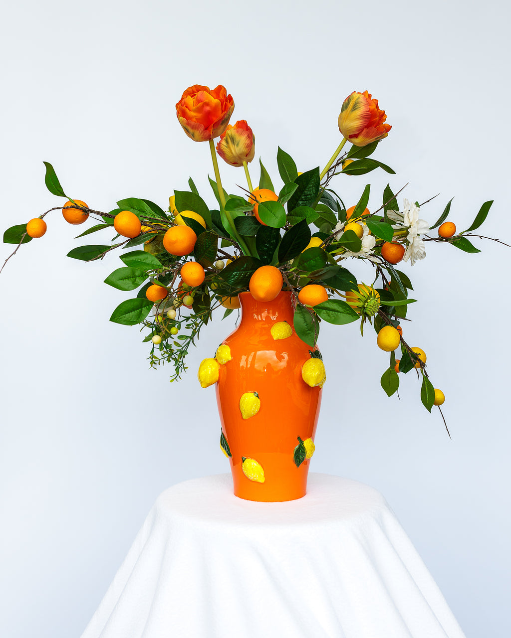 Tall Orange Ceramic Vase with Lemons