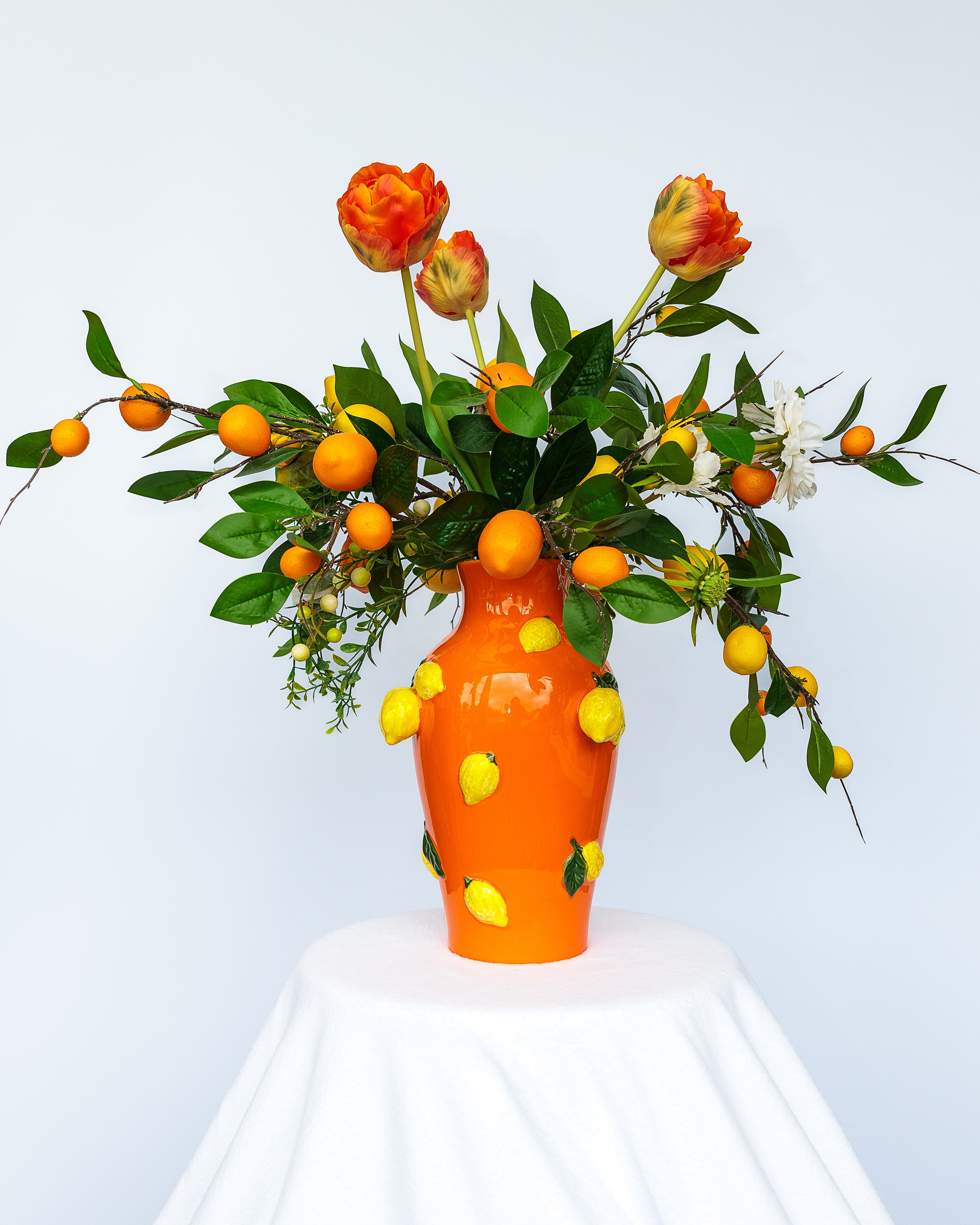 Tall Orange Ceramic Vase with Lemons